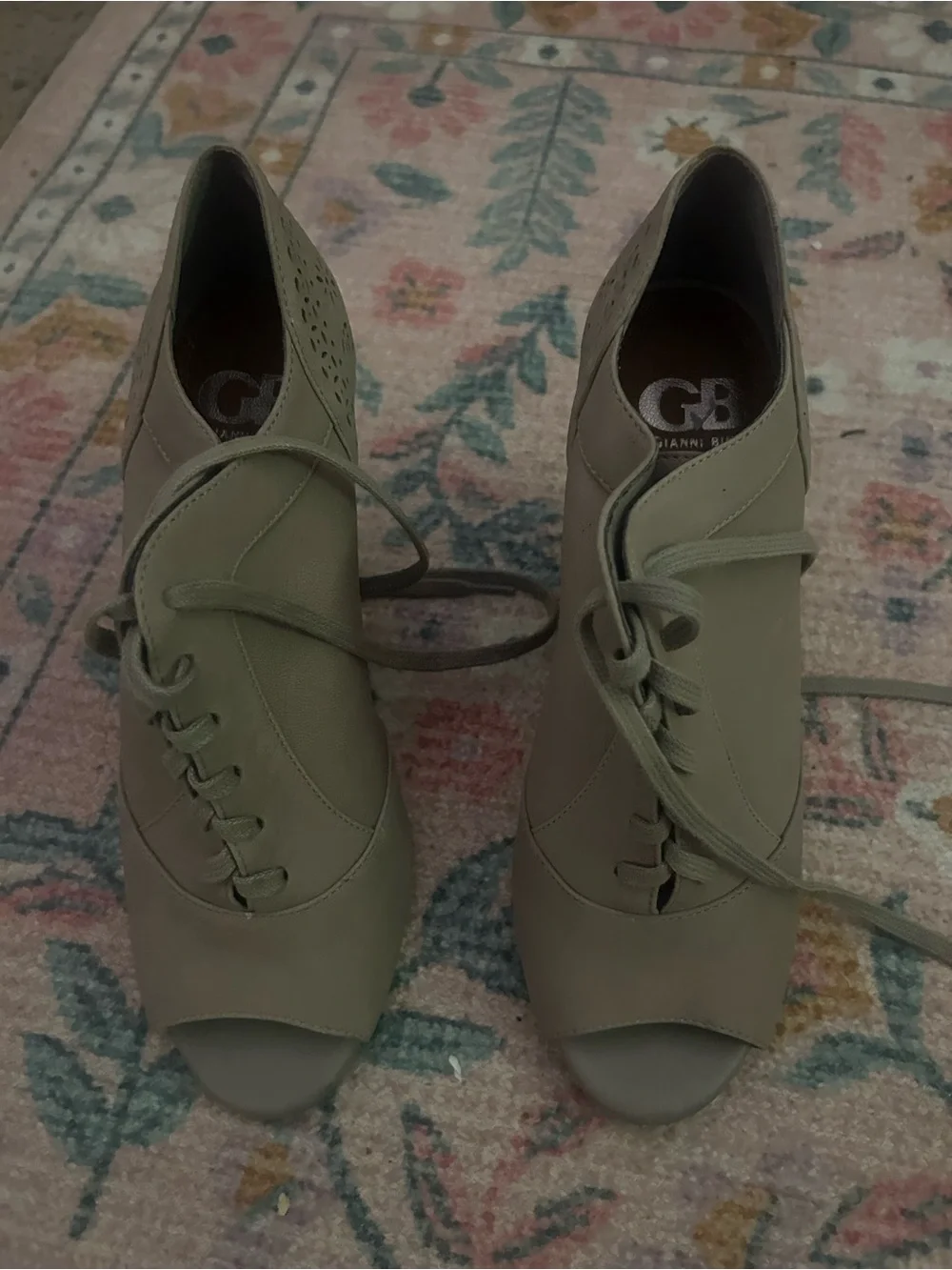 Gianni Bini Olive-Taupe Lace-Up Peep-Toe Block Heels